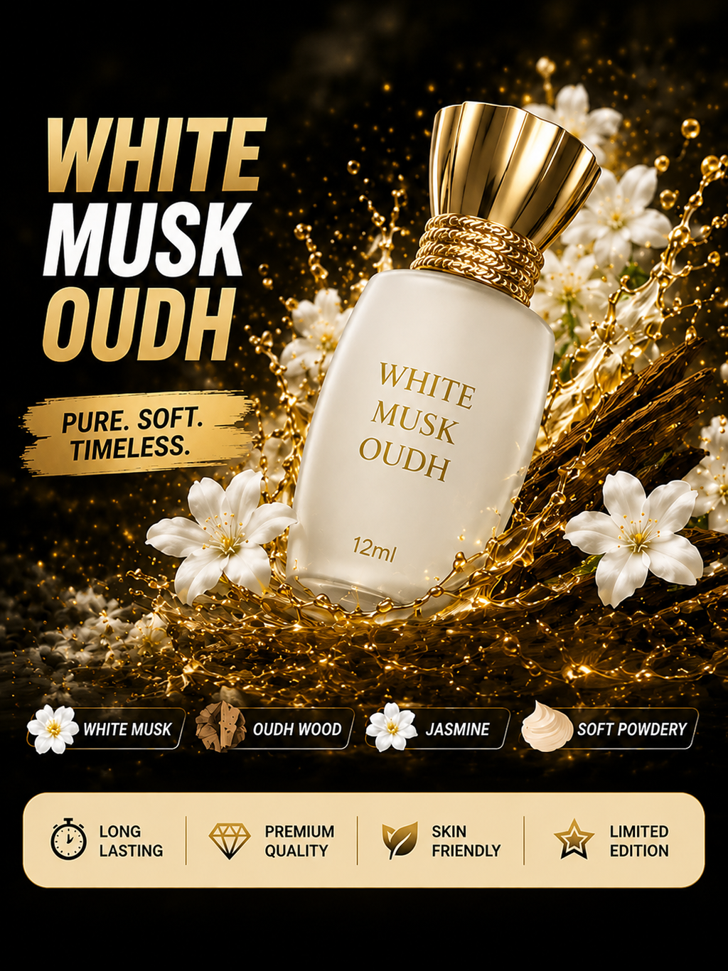 White Musk Oudh Attar 12ml | Premium Alcohol-Free Long Lasting Unisex Perfume Oil